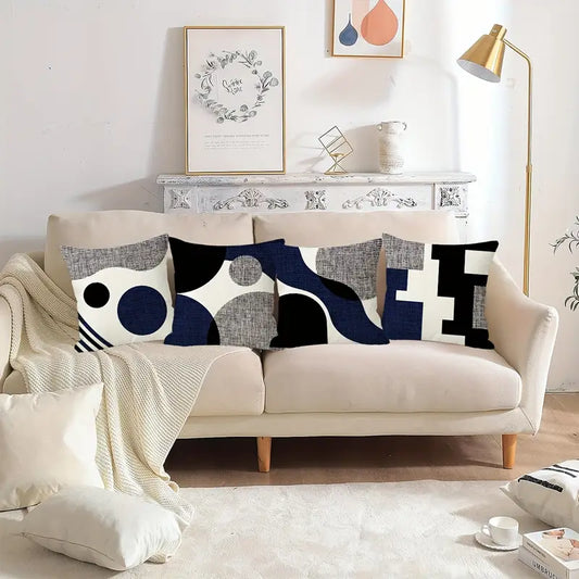 4pcs Blue, Grey & Black Geometric Cushion Covers Set