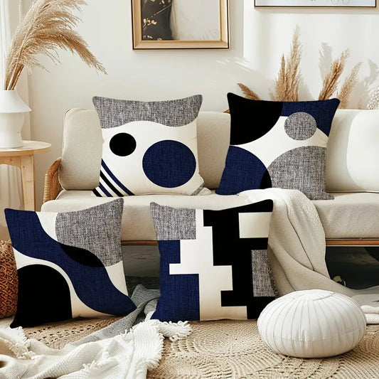4pcs Blue, Grey & Black Geometric Cushion Covers Set