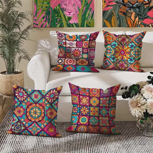 4pcs Traditional & Checkered Cushion Covers – Bohemian Decorative Set