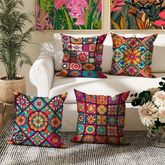 4pcs Traditional & Checkered Cushion Covers – Bohemian Decorative Set