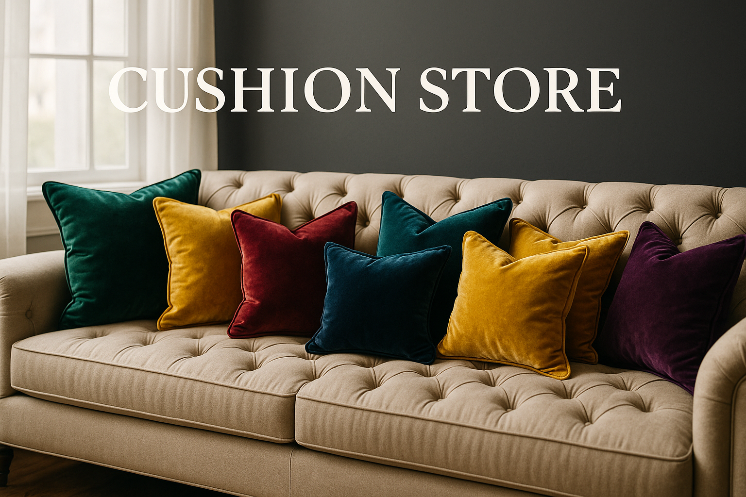 web banner for cushion store a sofa palced in front of window having multi color velvet cushion on it